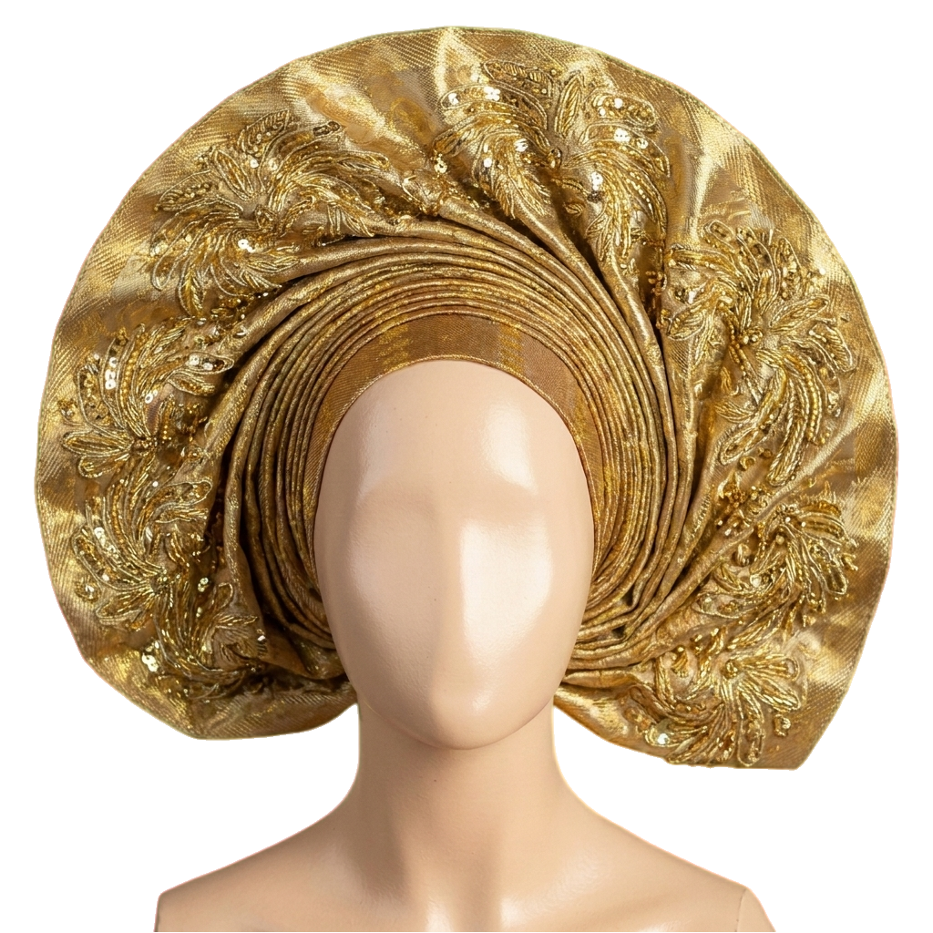 Golden Opulence — heavily embellished bridal gele