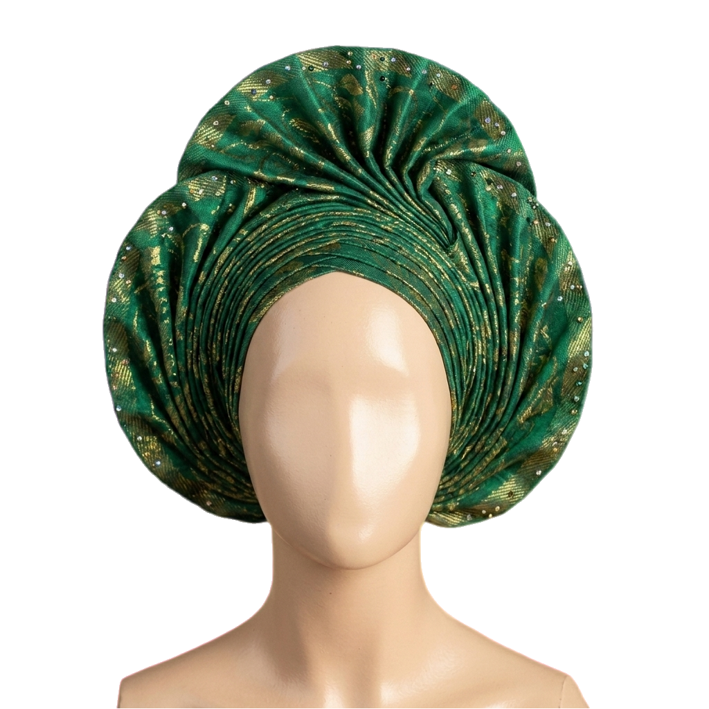 Custom-made emerald and gold gele