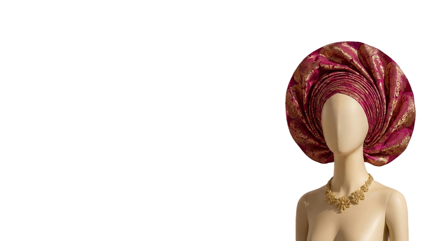 Magenta rose-bloom gele on a mannequin in a soft pink alcove