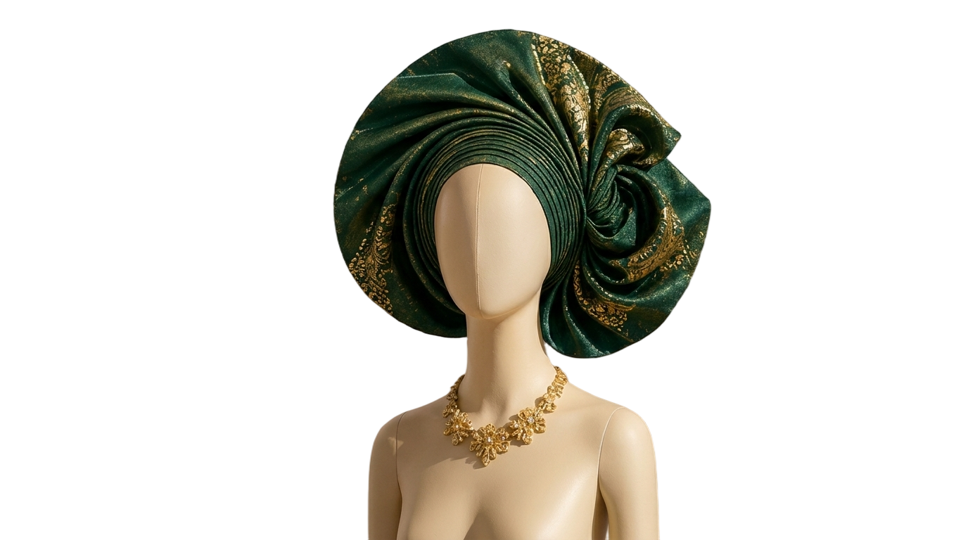 Emerald and gold gele on a luxury bridal mannequin with gold necklace